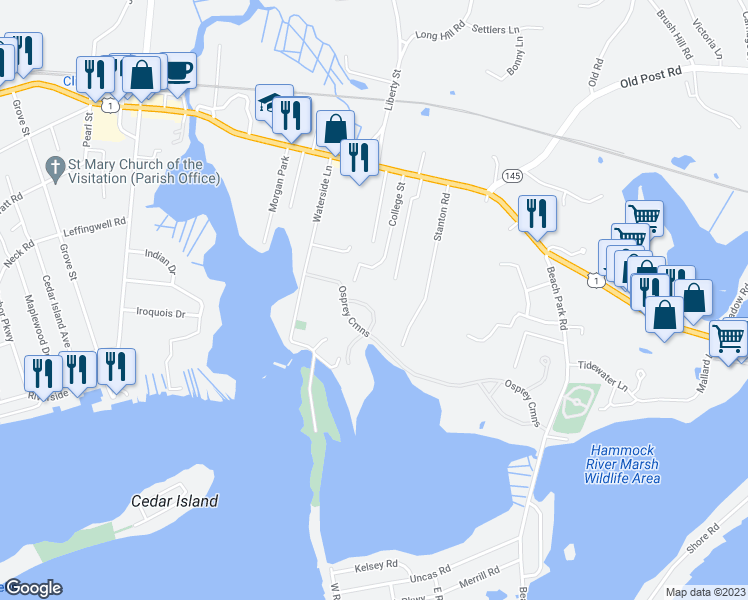 map of restaurants, bars, coffee shops, grocery stores, and more near 9 Blue Heron in Clinton