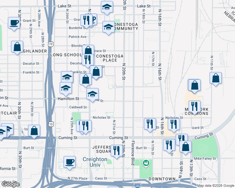 map of restaurants, bars, coffee shops, grocery stores, and more near 1421 North 21st Street in Omaha