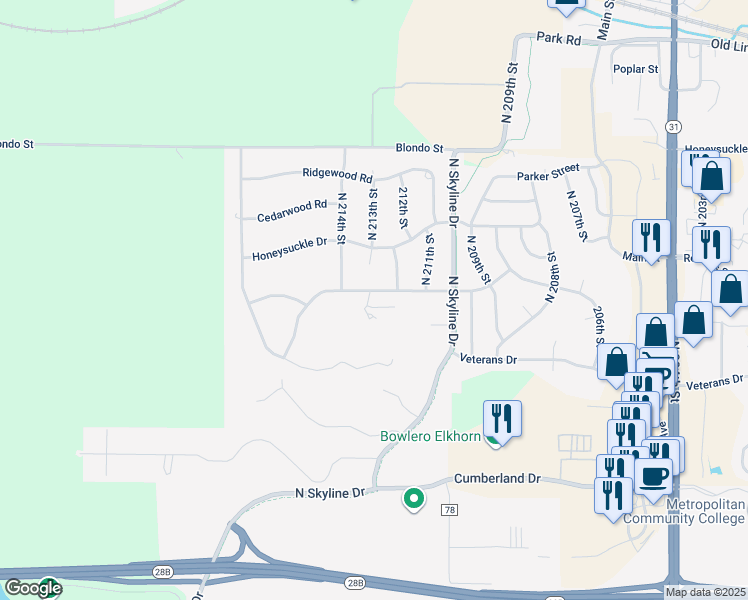 map of restaurants, bars, coffee shops, grocery stores, and more near 21209 Greenbrier Drive in Omaha