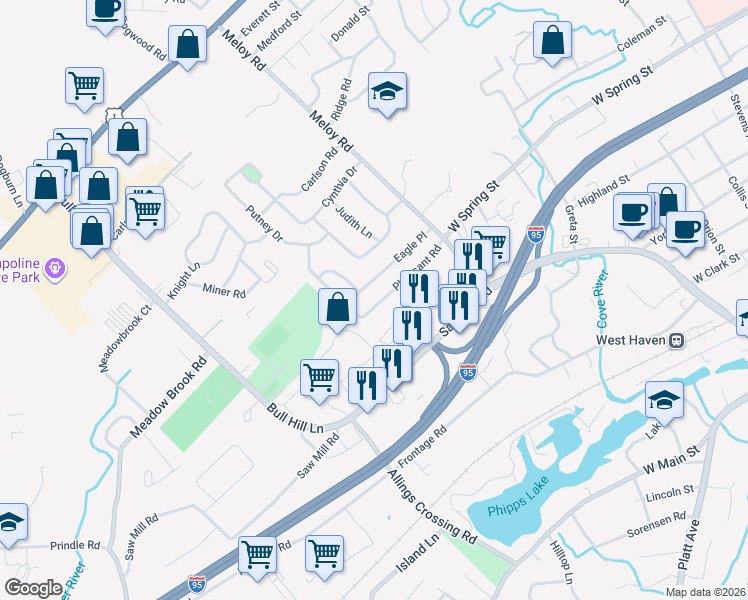 map of restaurants, bars, coffee shops, grocery stores, and more near 110 Pheasant Road in West Haven