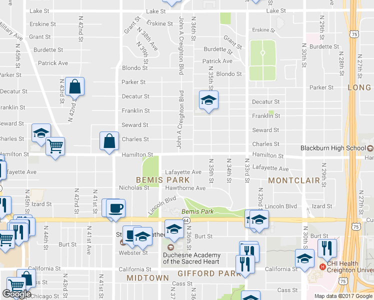map of restaurants, bars, coffee shops, grocery stores, and more near 3610 Hamilton Street in Omaha