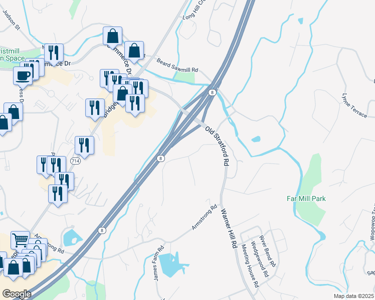 map of restaurants, bars, coffee shops, grocery stores, and more near 11 Daybreak Lane in Shelton