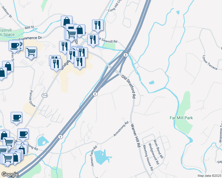 map of restaurants, bars, coffee shops, grocery stores, and more near 11 Daybreak Lane in Shelton