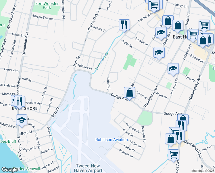 map of restaurants, bars, coffee shops, grocery stores, and more near 16 Robert Drive in East Haven