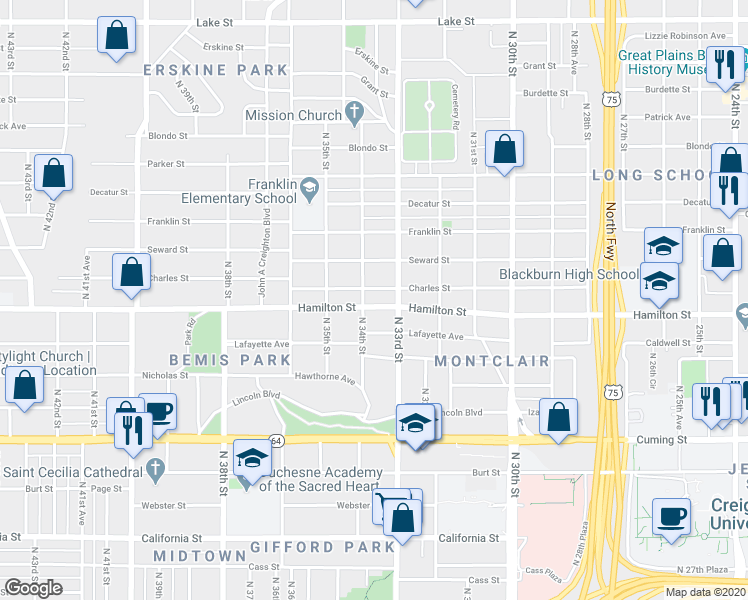map of restaurants, bars, coffee shops, grocery stores, and more near 3320 Hamilton Street in Omaha
