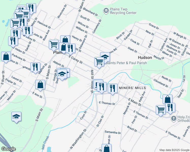map of restaurants, bars, coffee shops, grocery stores, and more near 22 Hopkins Street in Wilkes-Barre