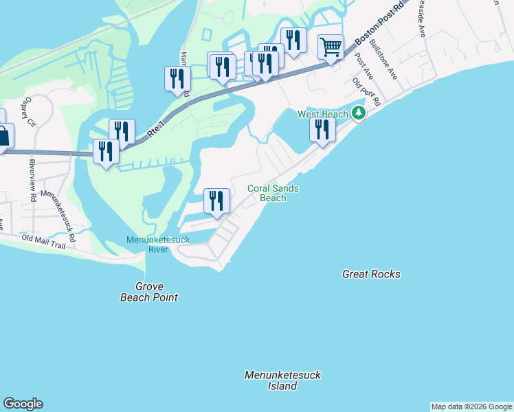 map of restaurants, bars, coffee shops, grocery stores, and more near 534 Seaside Avenue in Westbrook
