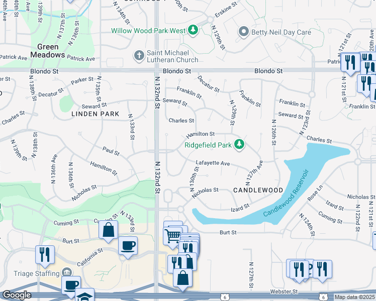 map of restaurants, bars, coffee shops, grocery stores, and more near 1312 North 131st Circle in Omaha