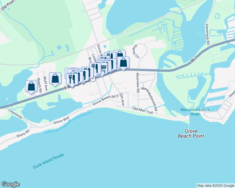 map of restaurants, bars, coffee shops, grocery stores, and more near 109 Grove Beach Road South in Westbrook