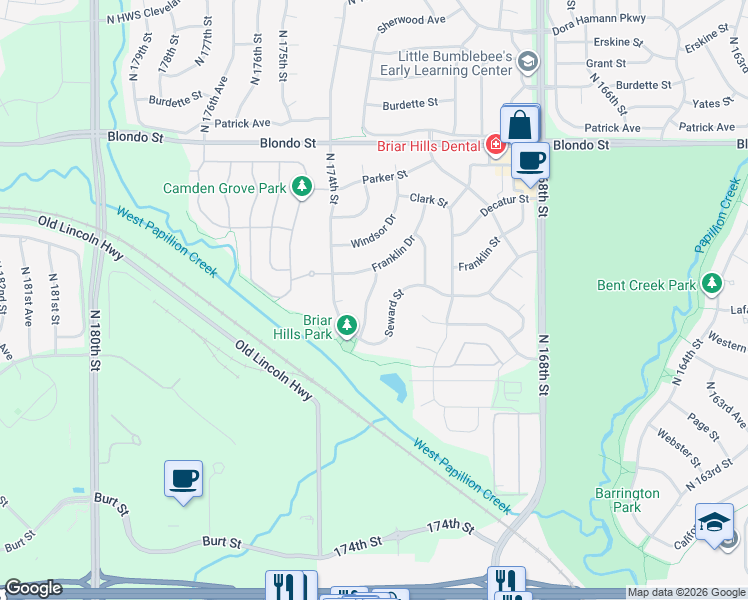 map of restaurants, bars, coffee shops, grocery stores, and more near 1635 North 173rd Street in Omaha