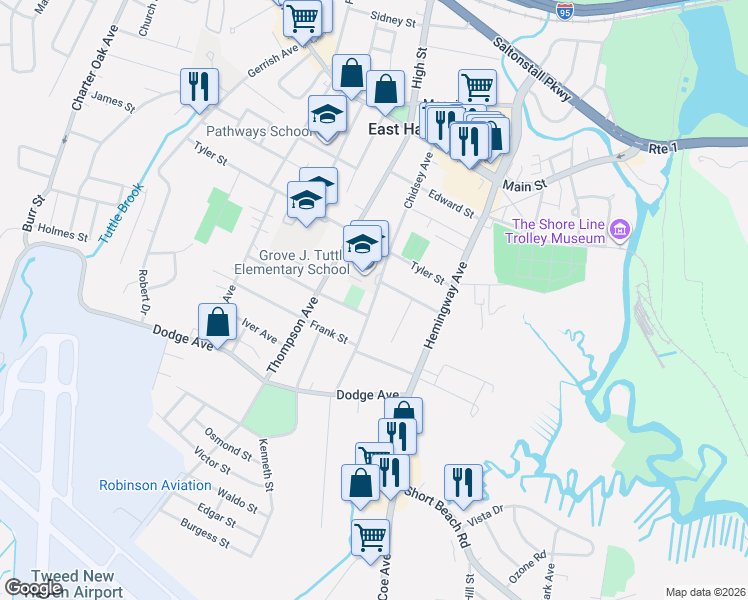 map of restaurants, bars, coffee shops, grocery stores, and more near 101 Prospect Road in East Haven