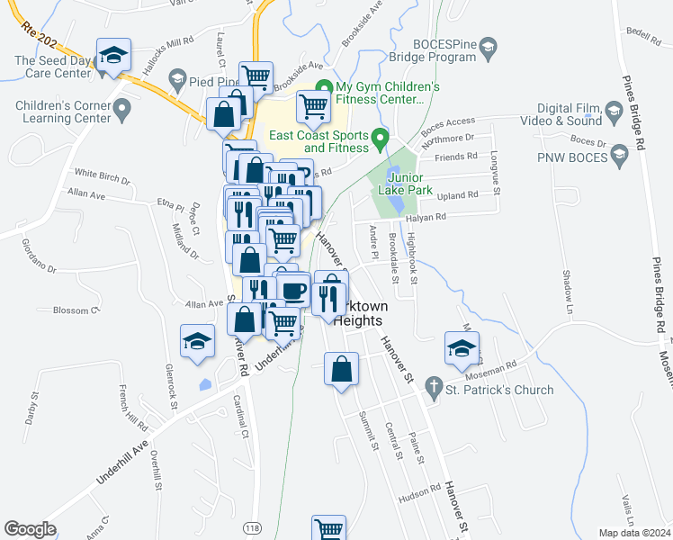 map of restaurants, bars, coffee shops, grocery stores, and more near 1863 Hanover Street in Yorktown Heights