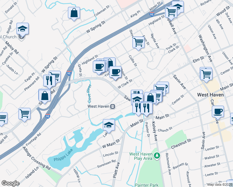 map of restaurants, bars, coffee shops, grocery stores, and more near 12 Phillips Terrace in West Haven