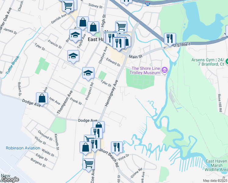 map of restaurants, bars, coffee shops, grocery stores, and more near 187 Hemingway Avenue in East Haven