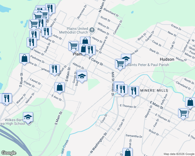 map of restaurants, bars, coffee shops, grocery stores, and more near 110-112 Abbott St in Plains