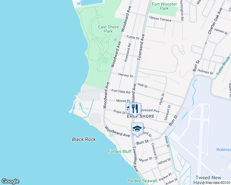 map of restaurants, bars, coffee shops, grocery stores, and more near 87 Fort Hale Road in New Haven