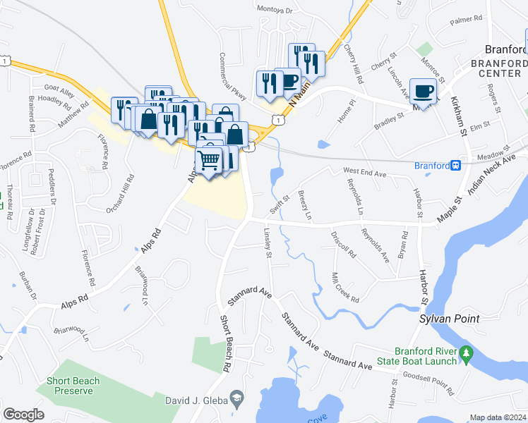 map of restaurants, bars, coffee shops, grocery stores, and more near 30 Short Beach Road in Branford
