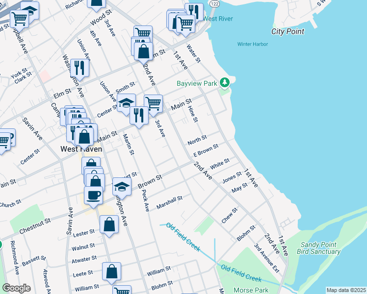 map of restaurants, bars, coffee shops, grocery stores, and more near 403 2nd Avenue in West Haven