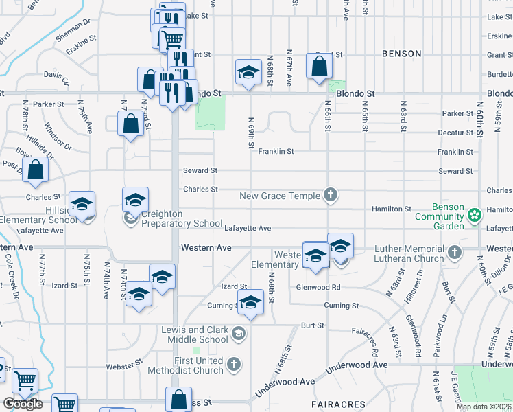 map of restaurants, bars, coffee shops, grocery stores, and more near 6908 Hamilton Street in Omaha
