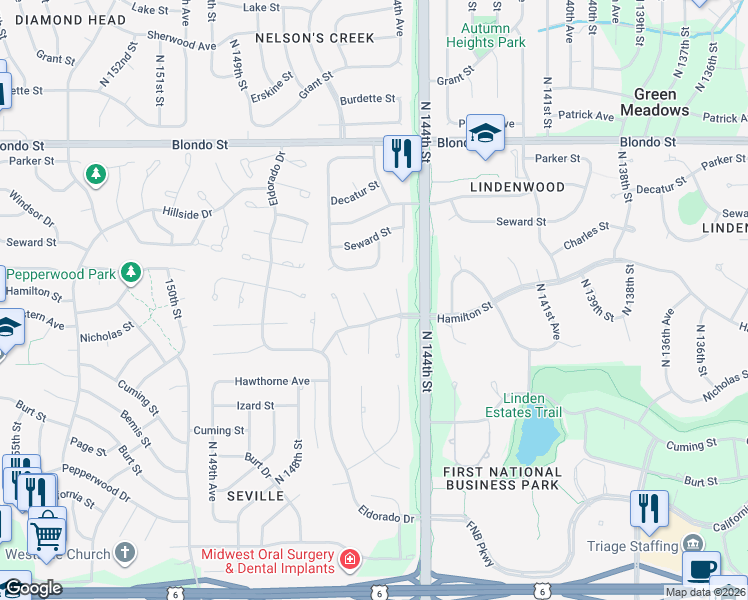 map of restaurants, bars, coffee shops, grocery stores, and more near 1417 North 146th Plaza in Omaha