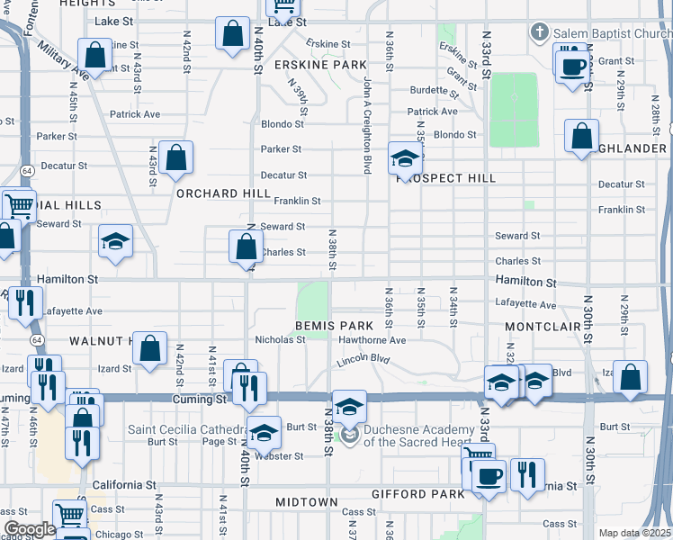 map of restaurants, bars, coffee shops, grocery stores, and more near 1409 North 38th Street in Omaha