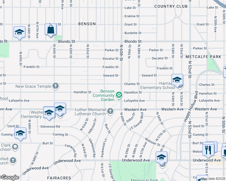 map of restaurants, bars, coffee shops, grocery stores, and more near 6030 Hamilton Street in Omaha