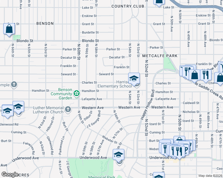 map of restaurants, bars, coffee shops, grocery stores, and more near 1402 North 56th Street in Omaha