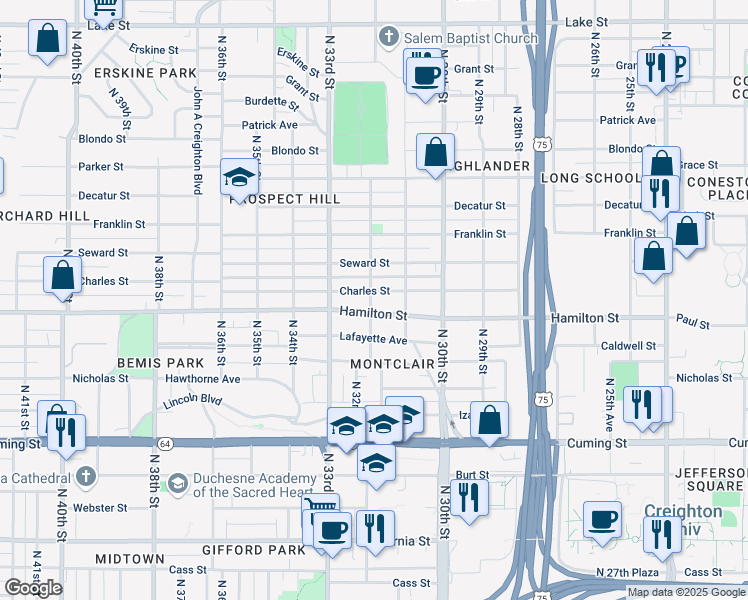 map of restaurants, bars, coffee shops, grocery stores, and more near 1409 North 32nd Street in Omaha