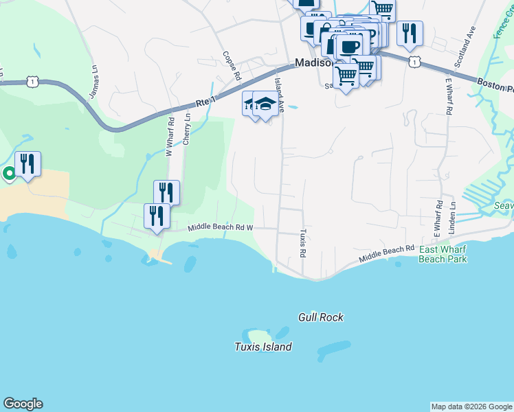 map of restaurants, bars, coffee shops, grocery stores, and more near 10 Middle Beach Road West in Madison