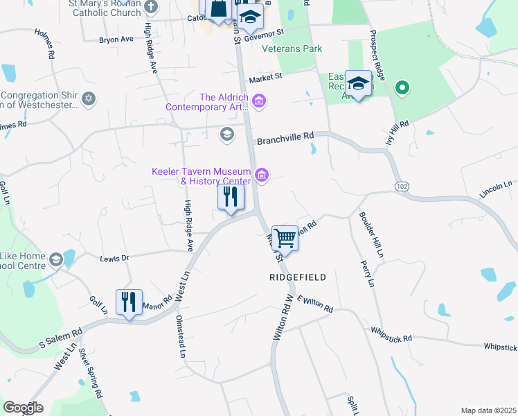 map of restaurants, bars, coffee shops, grocery stores, and more near 74 Ridgefield Road in Wilton