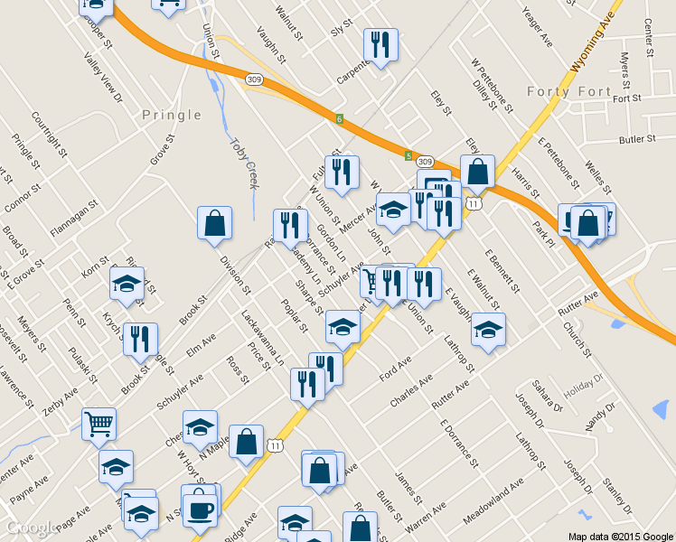 map of restaurants, bars, coffee shops, grocery stores, and more near 85 West Dorrance Street in Kingston