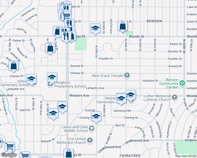 map of restaurants, bars, coffee shops, grocery stores, and more near 6908 Hamilton Street in Omaha