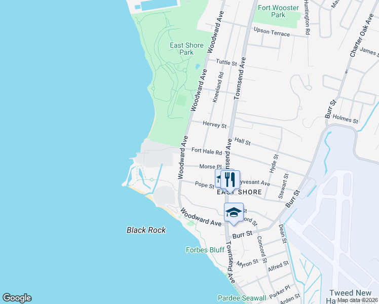 map of restaurants, bars, coffee shops, grocery stores, and more near 87 Fort Hale Road in New Haven