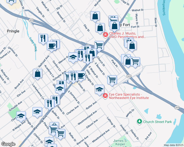 map of restaurants, bars, coffee shops, grocery stores, and more near 757 Wyoming Ave in Kingston