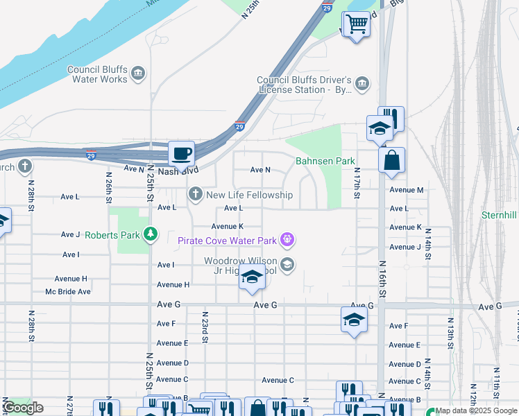 map of restaurants, bars, coffee shops, grocery stores, and more near 2113 Ave L in Council Bluffs
