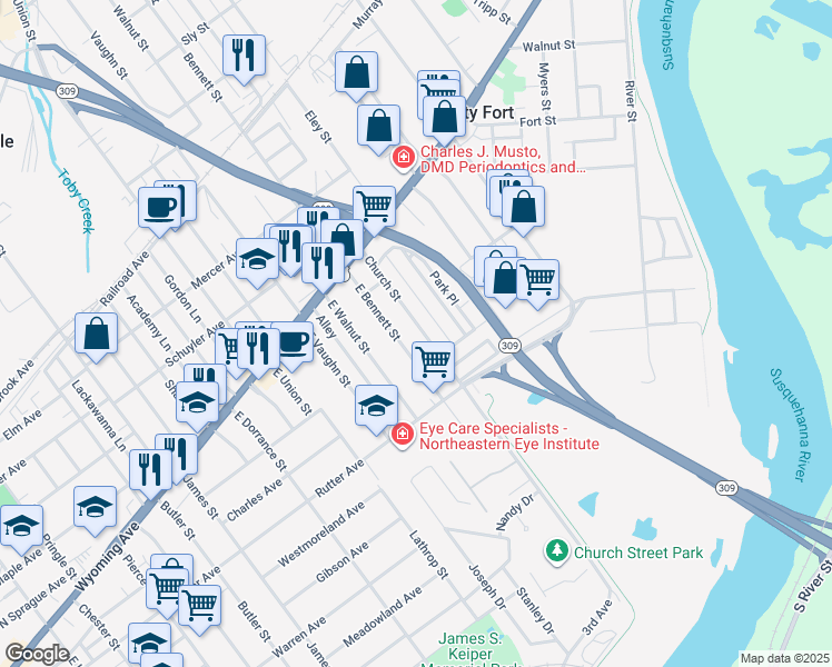 map of restaurants, bars, coffee shops, grocery stores, and more near 105 Church Street in Kingston