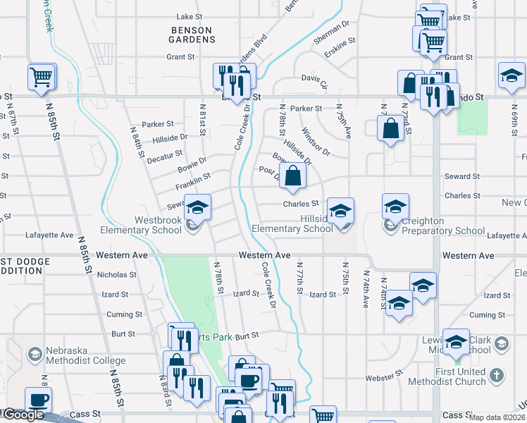 map of restaurants, bars, coffee shops, grocery stores, and more near 1413 Maenner Drive in Omaha