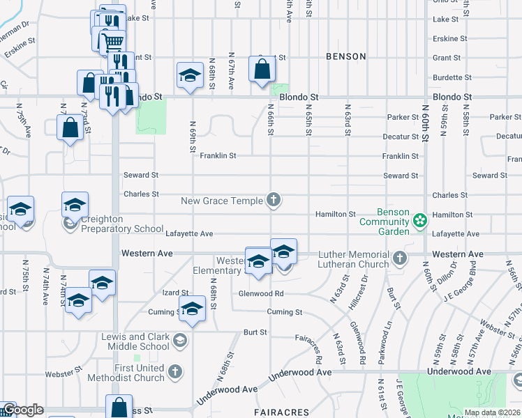map of restaurants, bars, coffee shops, grocery stores, and more near 6612 Hamilton Street in Omaha