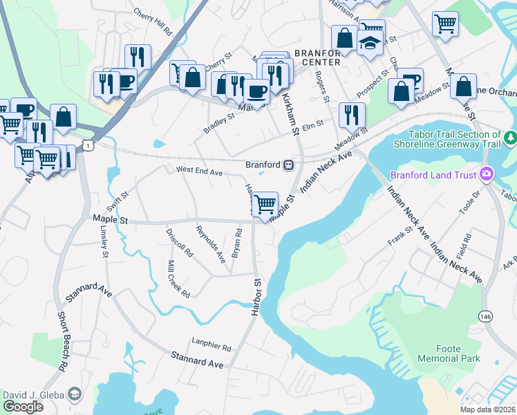 map of restaurants, bars, coffee shops, grocery stores, and more near 323 Harbor Street in Branford