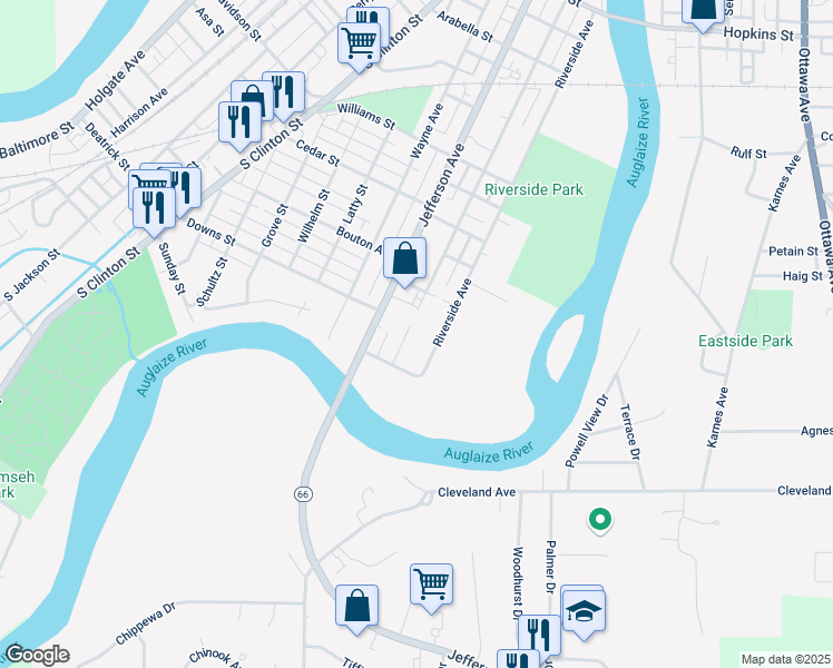 map of restaurants, bars, coffee shops, grocery stores, and more near 1201 Washington Avenue in Defiance