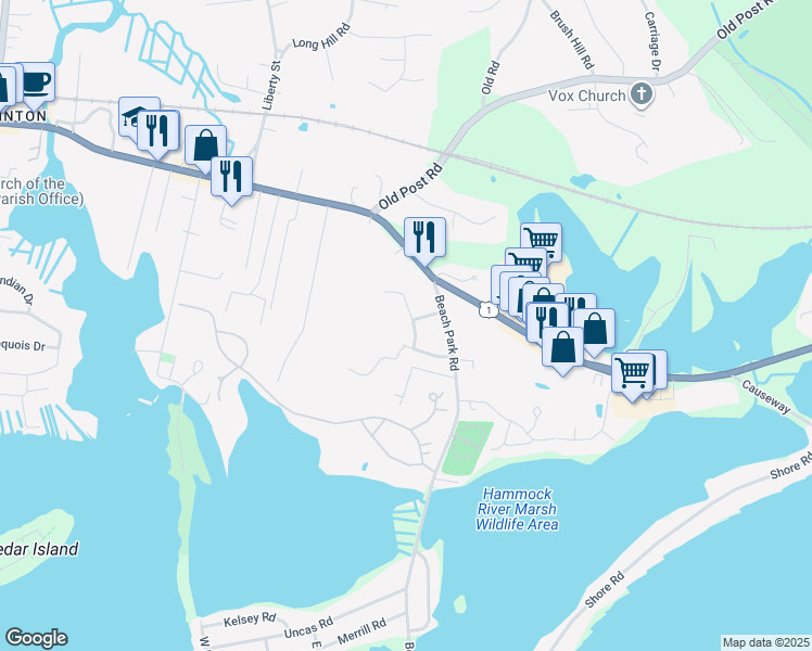 map of restaurants, bars, coffee shops, grocery stores, and more near 3 Park Drive in Clinton