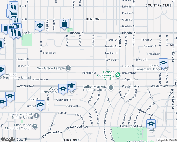 map of restaurants, bars, coffee shops, grocery stores, and more near 6318 Hamilton Street in Omaha