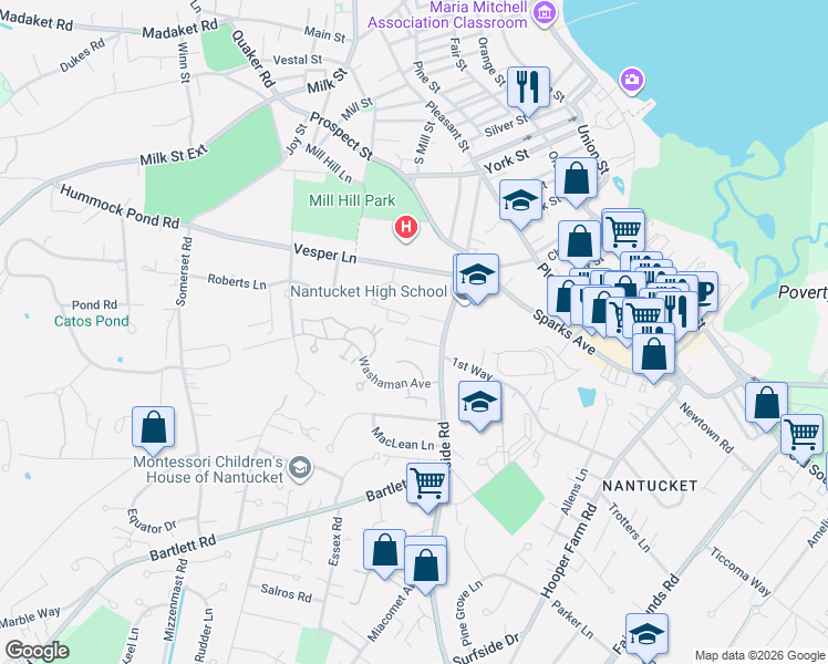 map of restaurants, bars, coffee shops, grocery stores, and more near 5 Anna Drive in Nantucket
