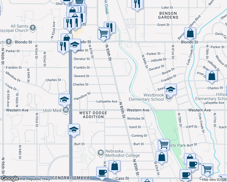 map of restaurants, bars, coffee shops, grocery stores, and more near 8508 Hamilton Street in Omaha