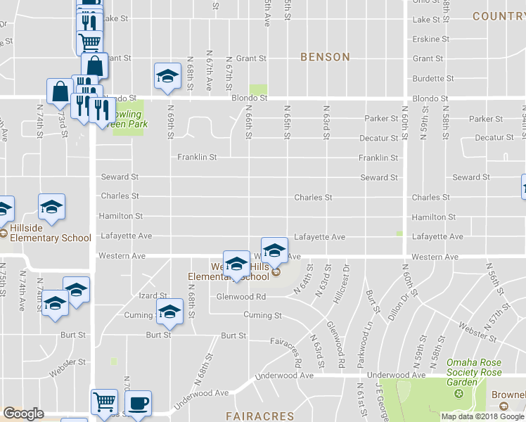 map of restaurants, bars, coffee shops, grocery stores, and more near 6524 Hamilton St in Omaha