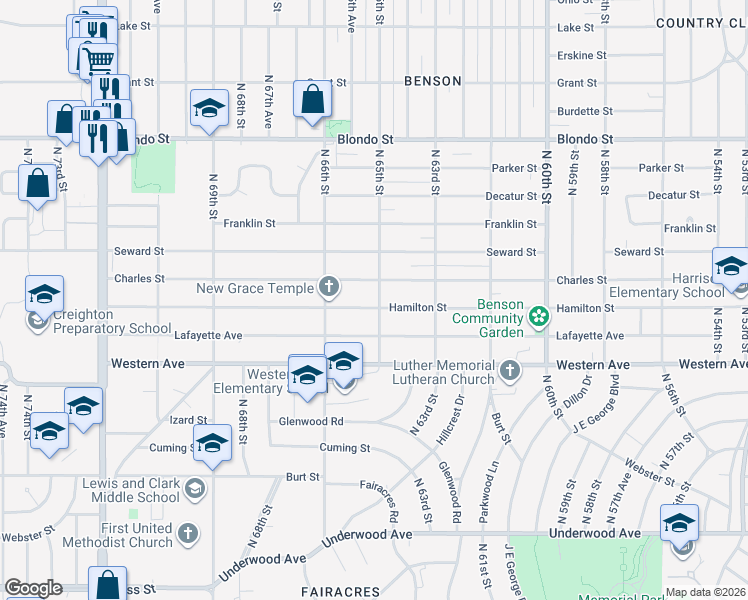 map of restaurants, bars, coffee shops, grocery stores, and more near 1406 North 65th Street in Omaha