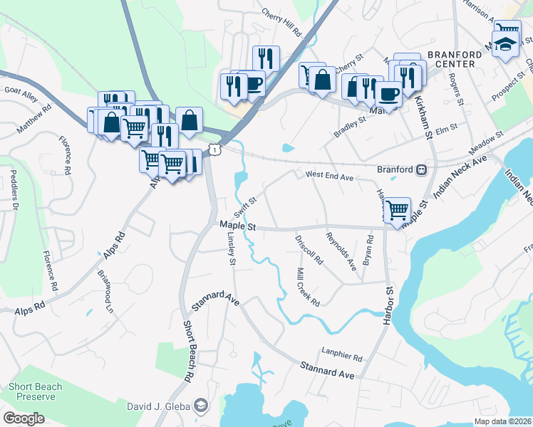map of restaurants, bars, coffee shops, grocery stores, and more near 24 Breezy Lane in Branford