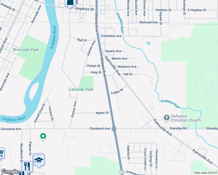 map of restaurants, bars, coffee shops, grocery stores, and more near 1125 Ottawa Avenue in Defiance