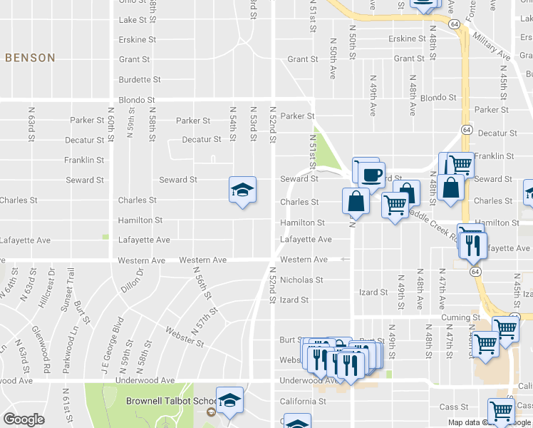 map of restaurants, bars, coffee shops, grocery stores, and more near 5208 Hamilton Street in Omaha