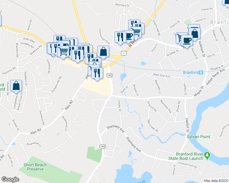 map of restaurants, bars, coffee shops, grocery stores, and more near 30 Short Beach Road in Branford